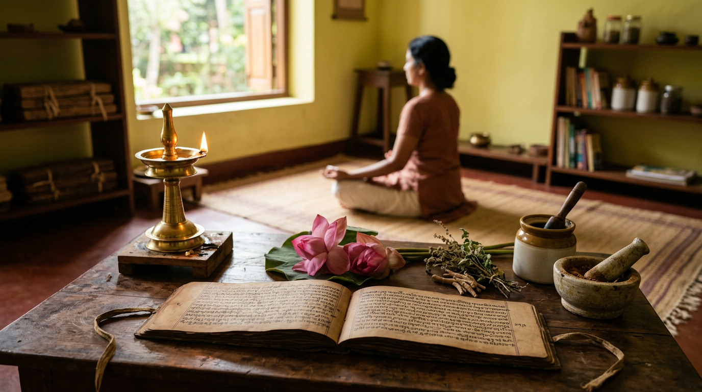Sacred texts and lamp — Ayurveda, yoga, and scripture as living tradition