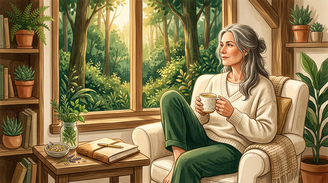 Calm, health-focused adult in a peaceful setting — prevention and self-care