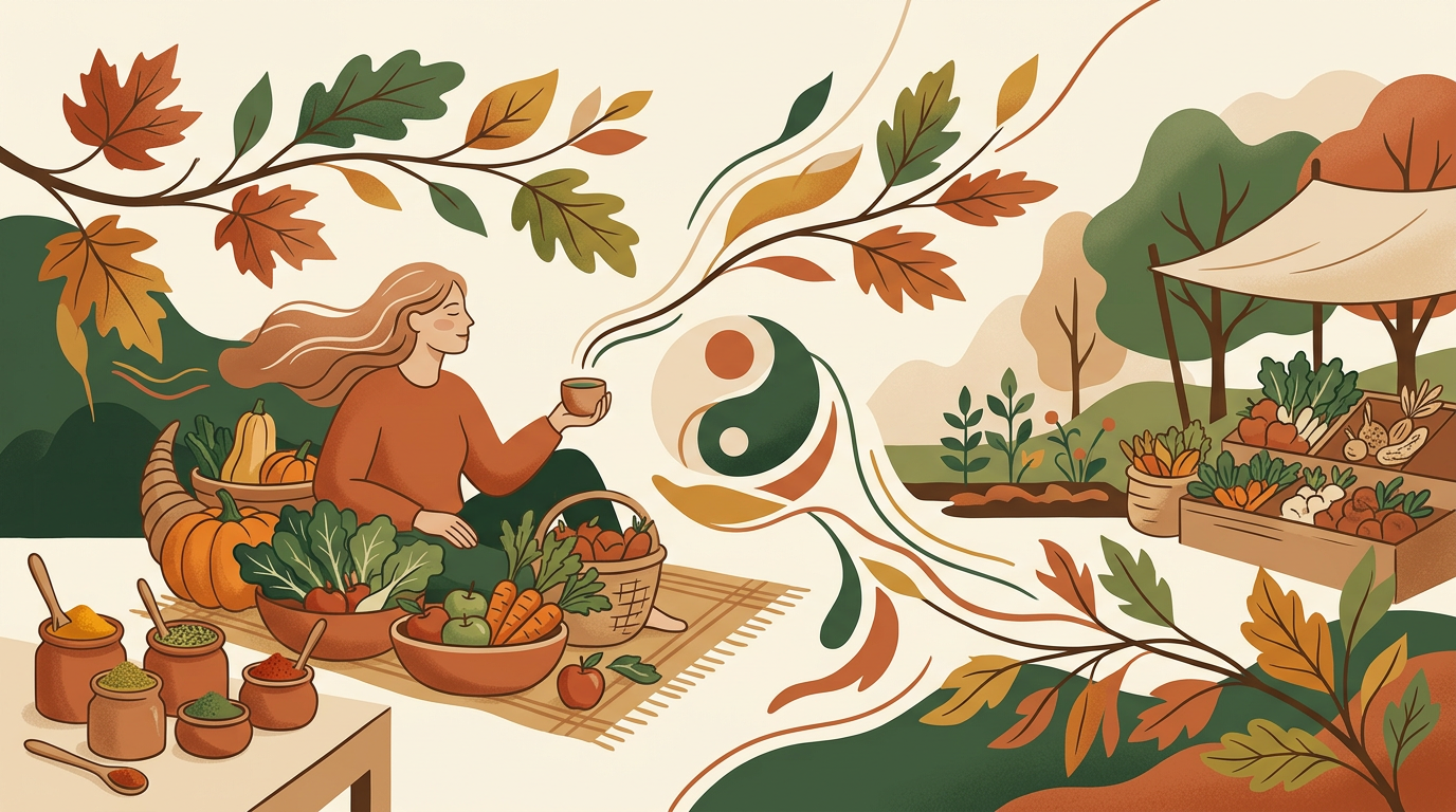 Wholesome foods and seasonal elements representing digestive balance, routine, and ritucharya