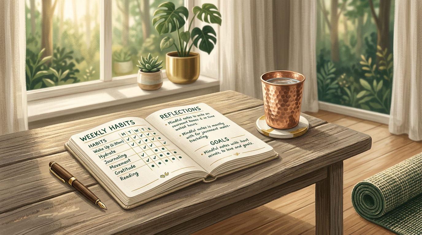 Calm morning light, journal and simple daily rhythm suggesting habit tracking and transformation